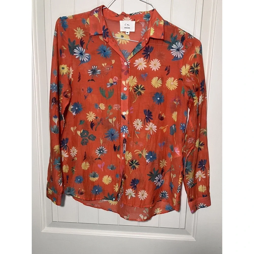 Sezane x C. Kero Floral Cotton Silk Blend Blouse Shirt Orange Daisy Print 36 EU - Picture 1 of 14